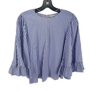 Kenar Women's Bell Sleeve Top Blouse Striped Ruffled Shirt Career Blue Medium